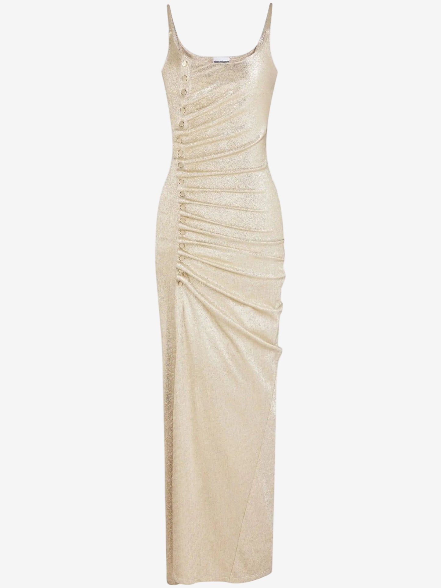 Beige evening gown with ruched design on a white background