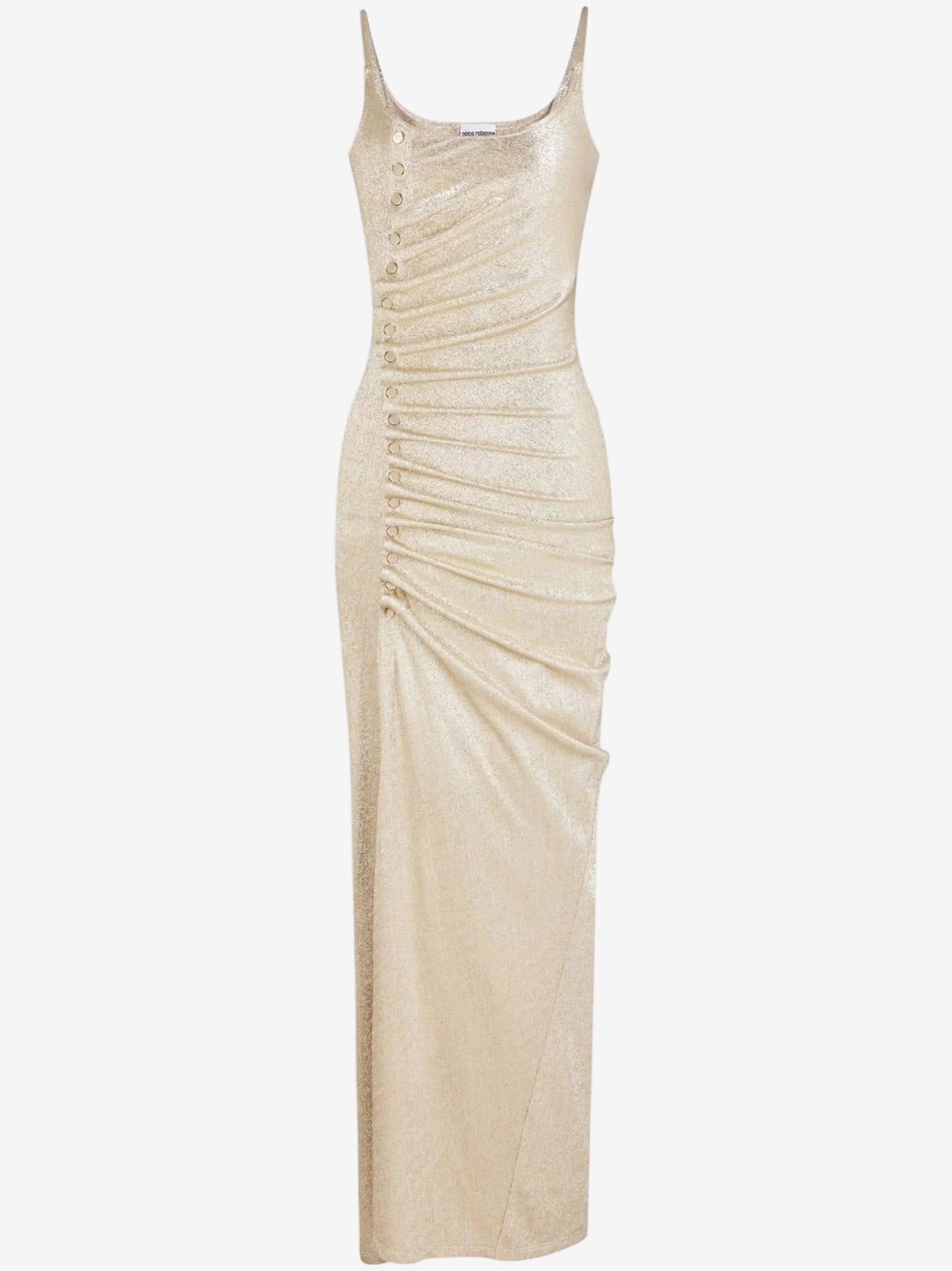 Beige evening gown with ruched design on a white background