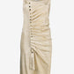 Beige dress with button details on a white background