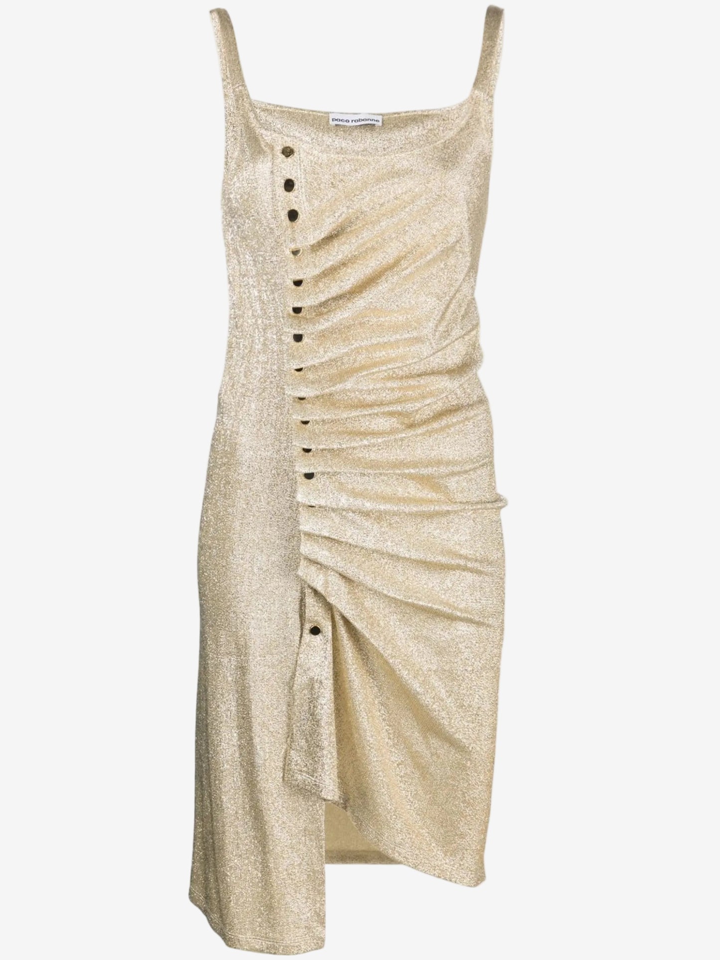 Beige dress with button details on a white background