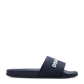 Navy slide sandal with logo on a white background