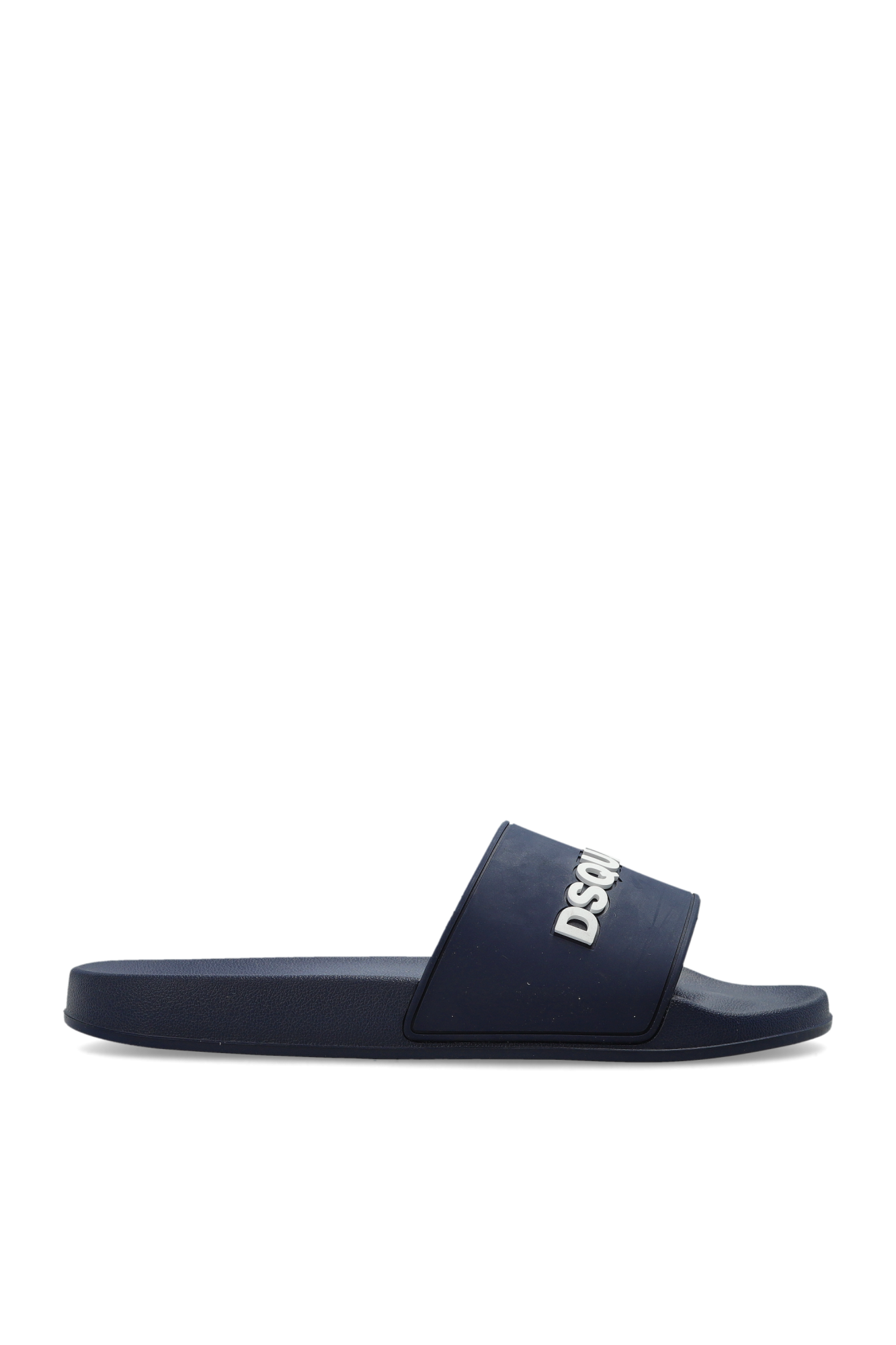 Navy slide sandal with logo on a white background