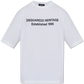 White t-shirt with black text on a white background