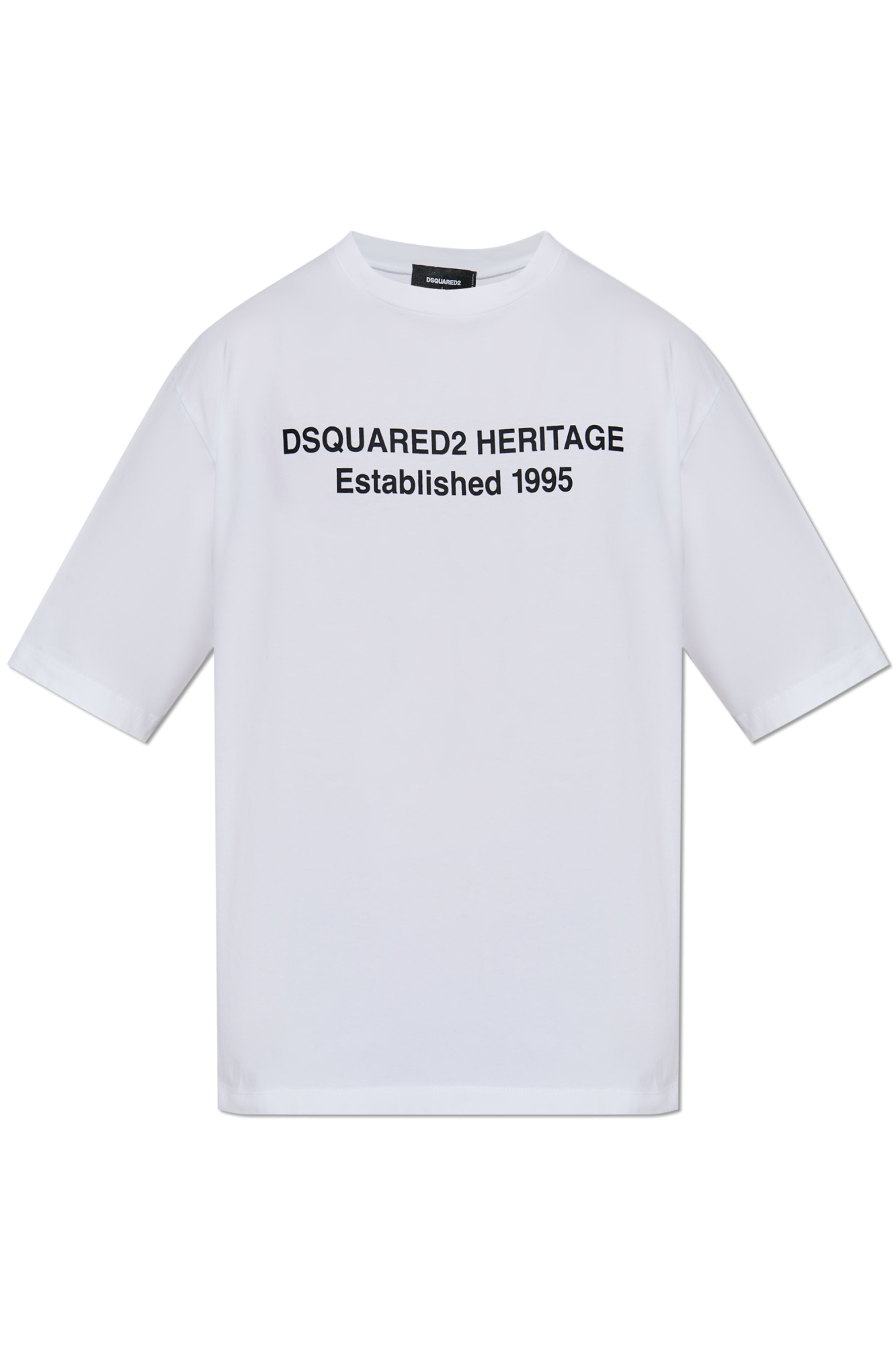 White t-shirt with black text on a white background