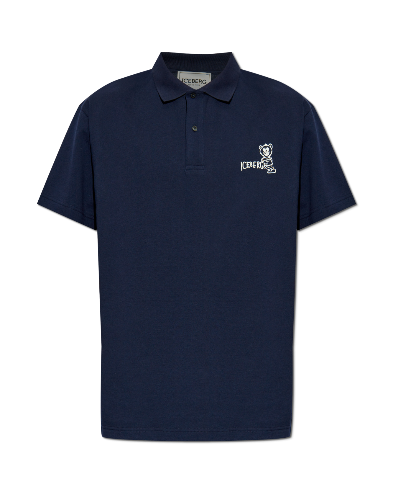Navy blue polo shirt with a small logo on a white background