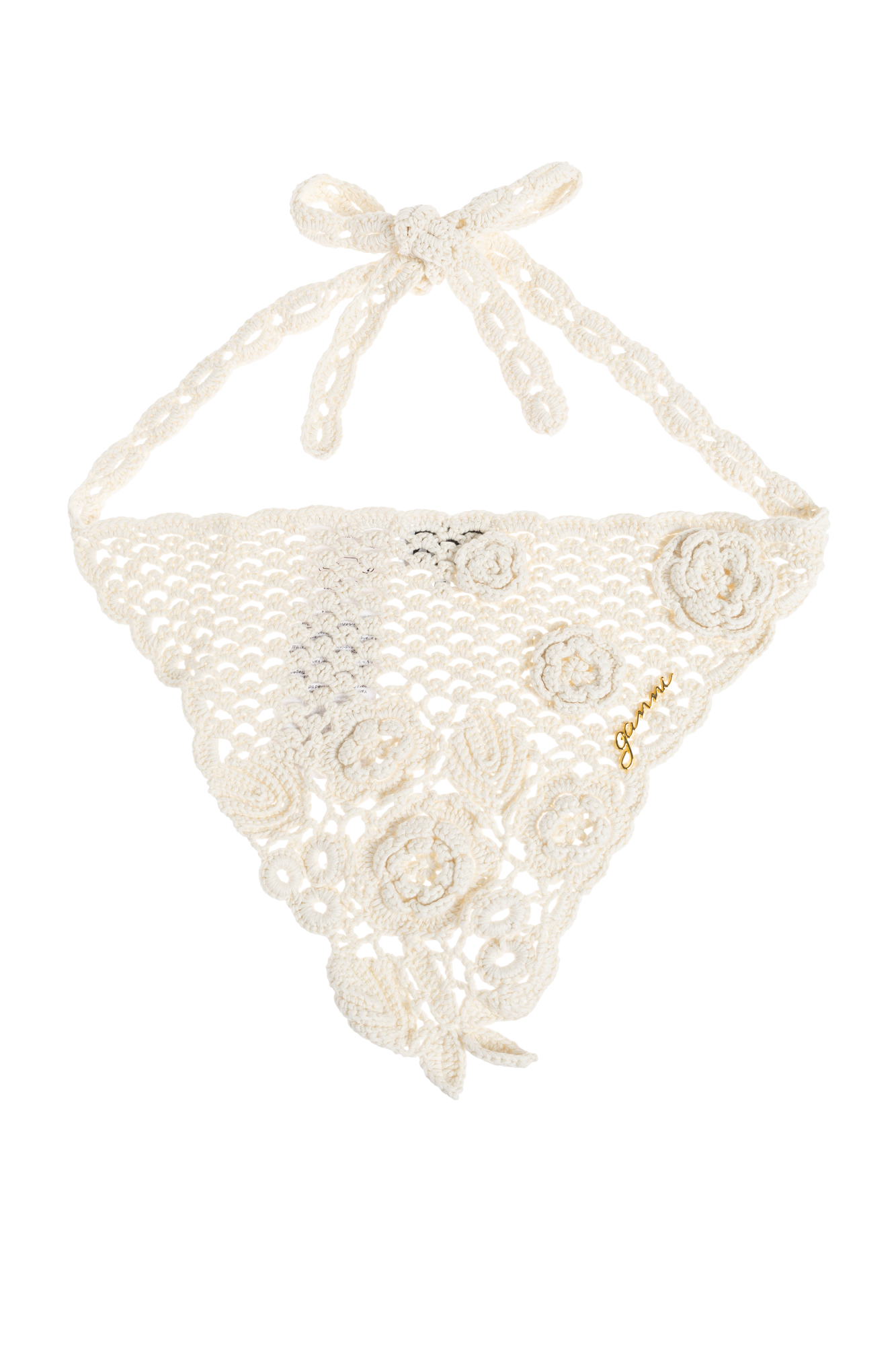 White crochet bikini top with floral details on a white background