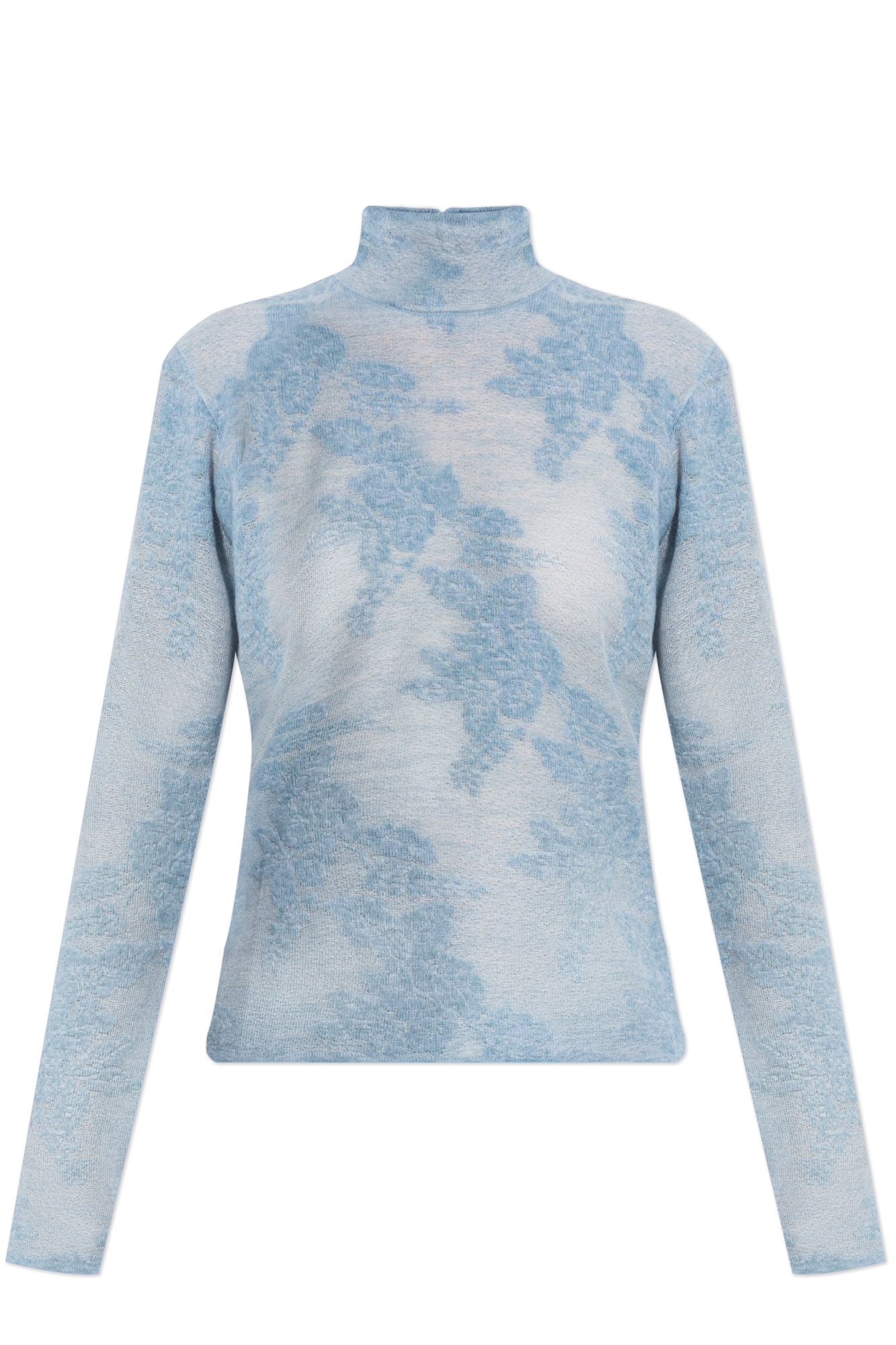 Blue tie-dye turtleneck sweater on a white background