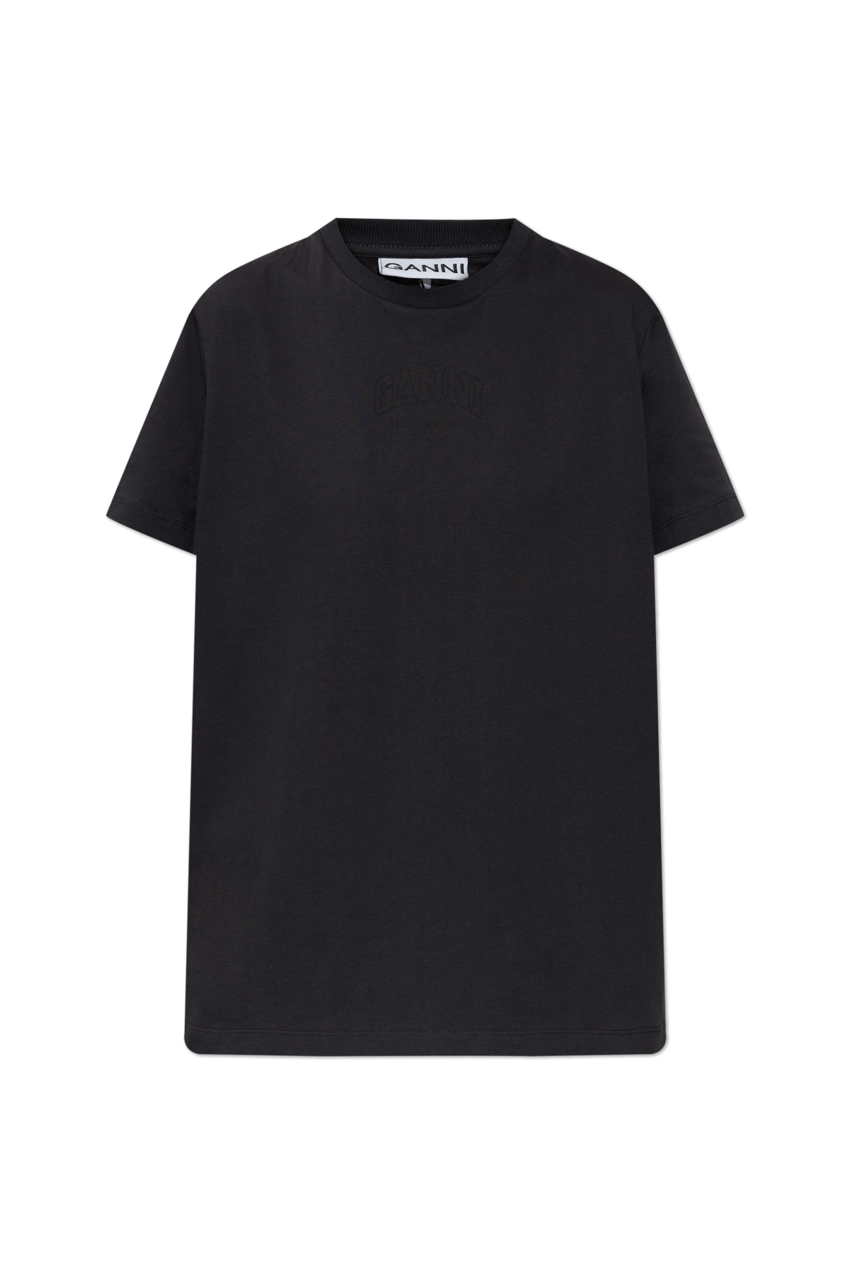 A black short-sleeve crewneck t-shirt by Maruti, shown flat against a plain white background.