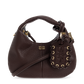 Brown handbag with decorative studs on a white background