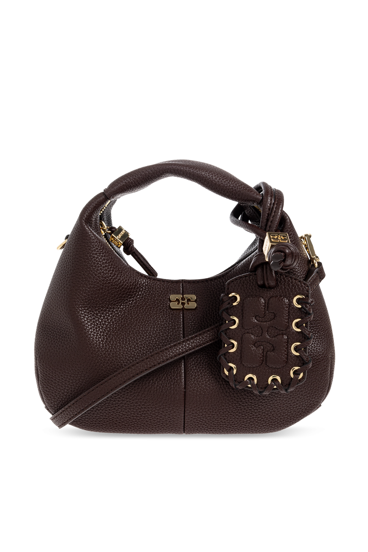 Brown handbag with decorative studs on a white background