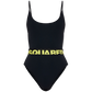 Black swimsuit with yellow logo on a white background