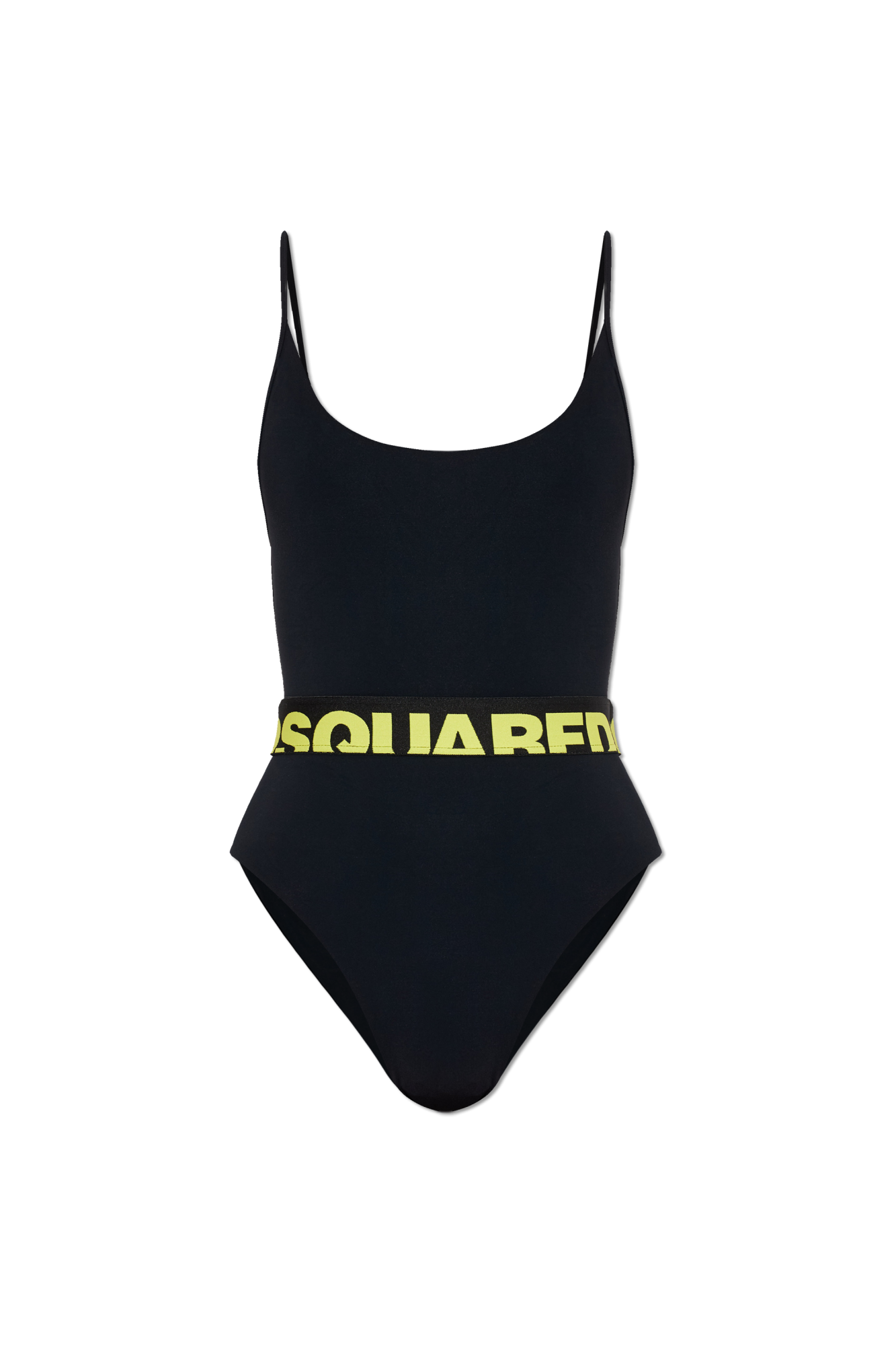 Black swimsuit with yellow logo on a white background