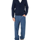 Navy blue cardigan with brand logo on a white background