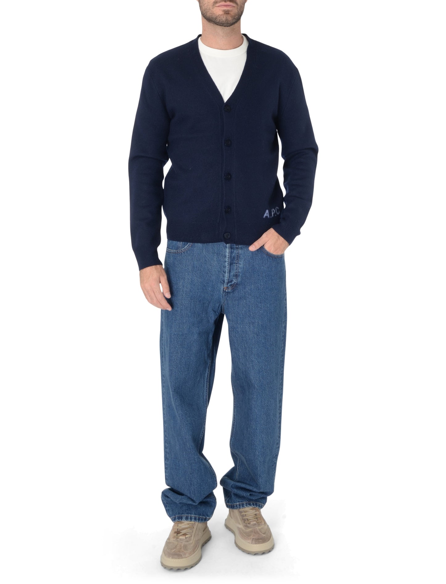 Navy blue cardigan with brand logo on a white background
