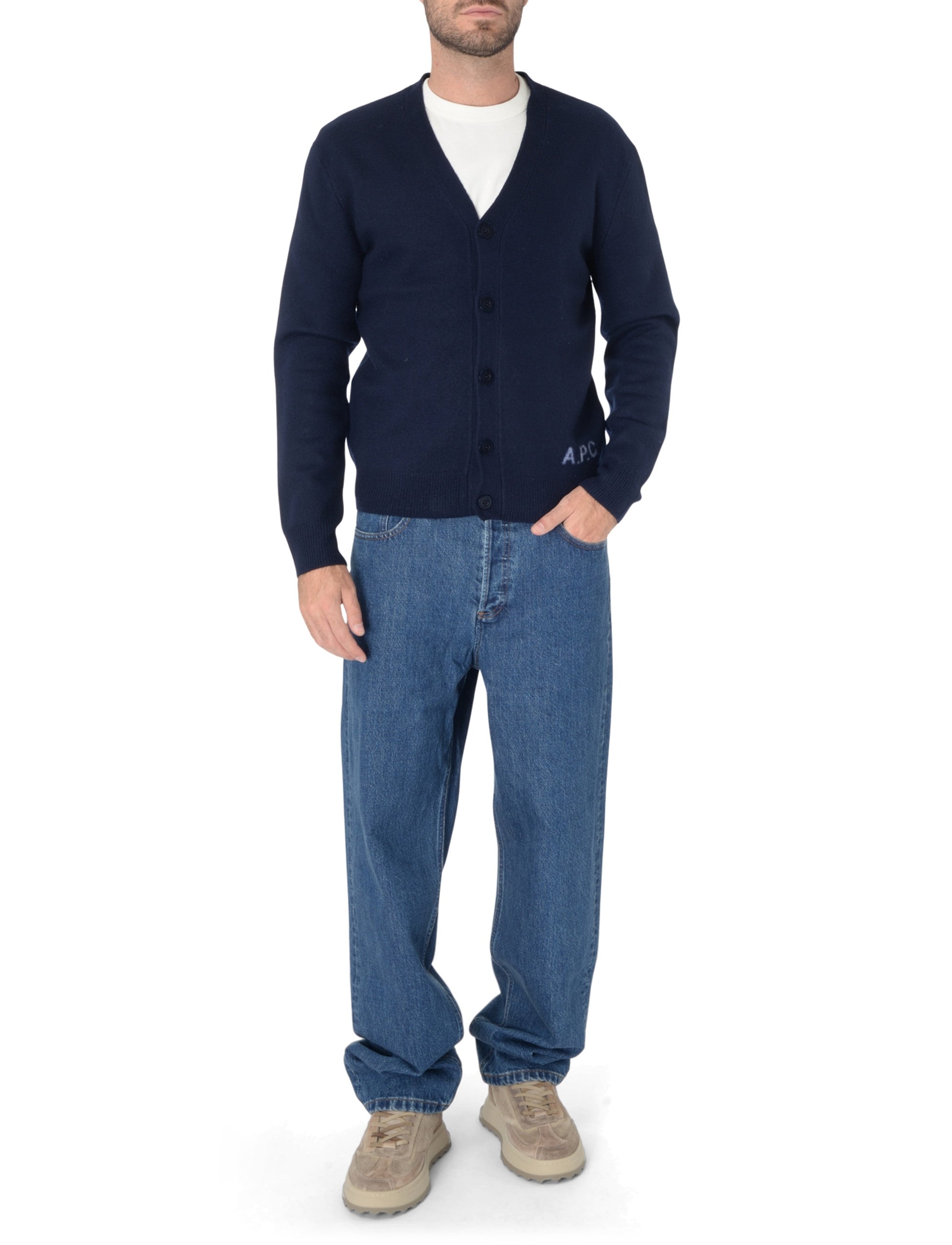 Navy blue cardigan with brand logo on a white background