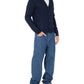 Navy blue cardigan with brand logo on a white background
