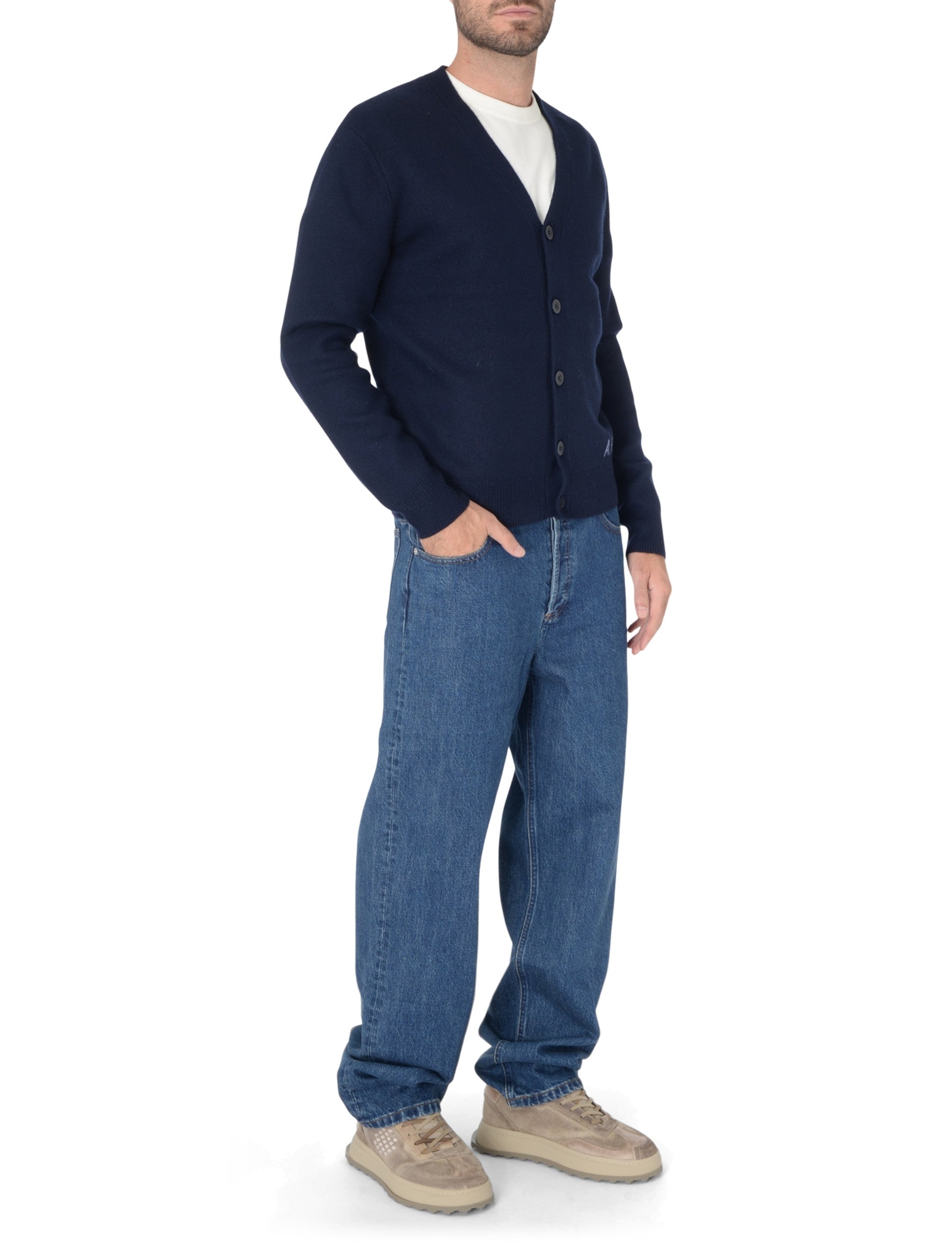 Navy blue cardigan with brand logo on a white background