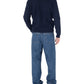 Navy blue cardigan with brand logo on a white background