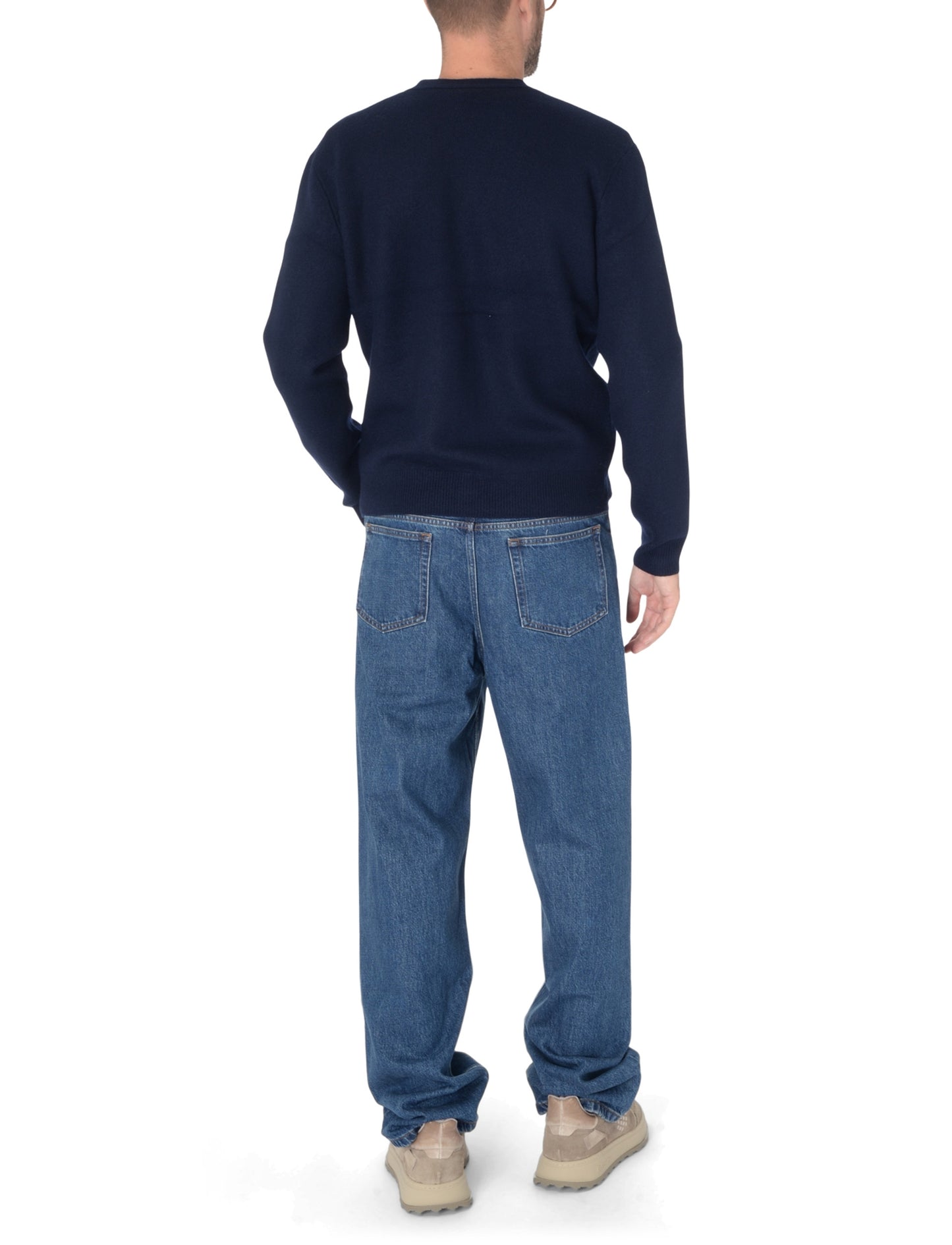 Navy blue cardigan with brand logo on a white background
