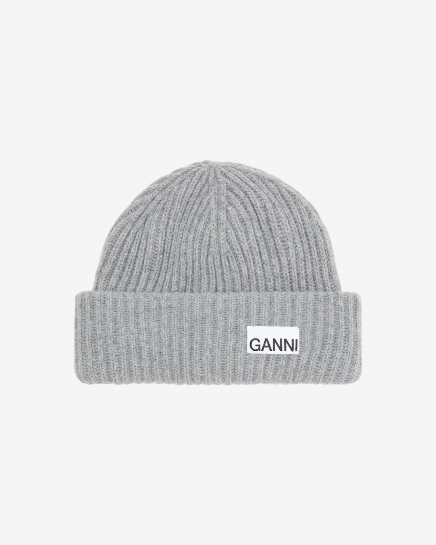 Gray beanie with Ganni logo on a white background