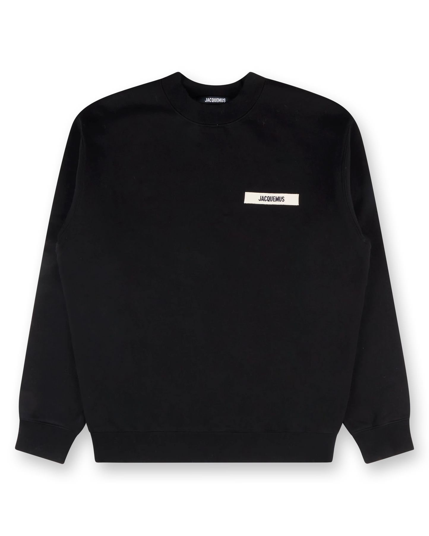 Black sweatshirt with a small white logo on a white background
