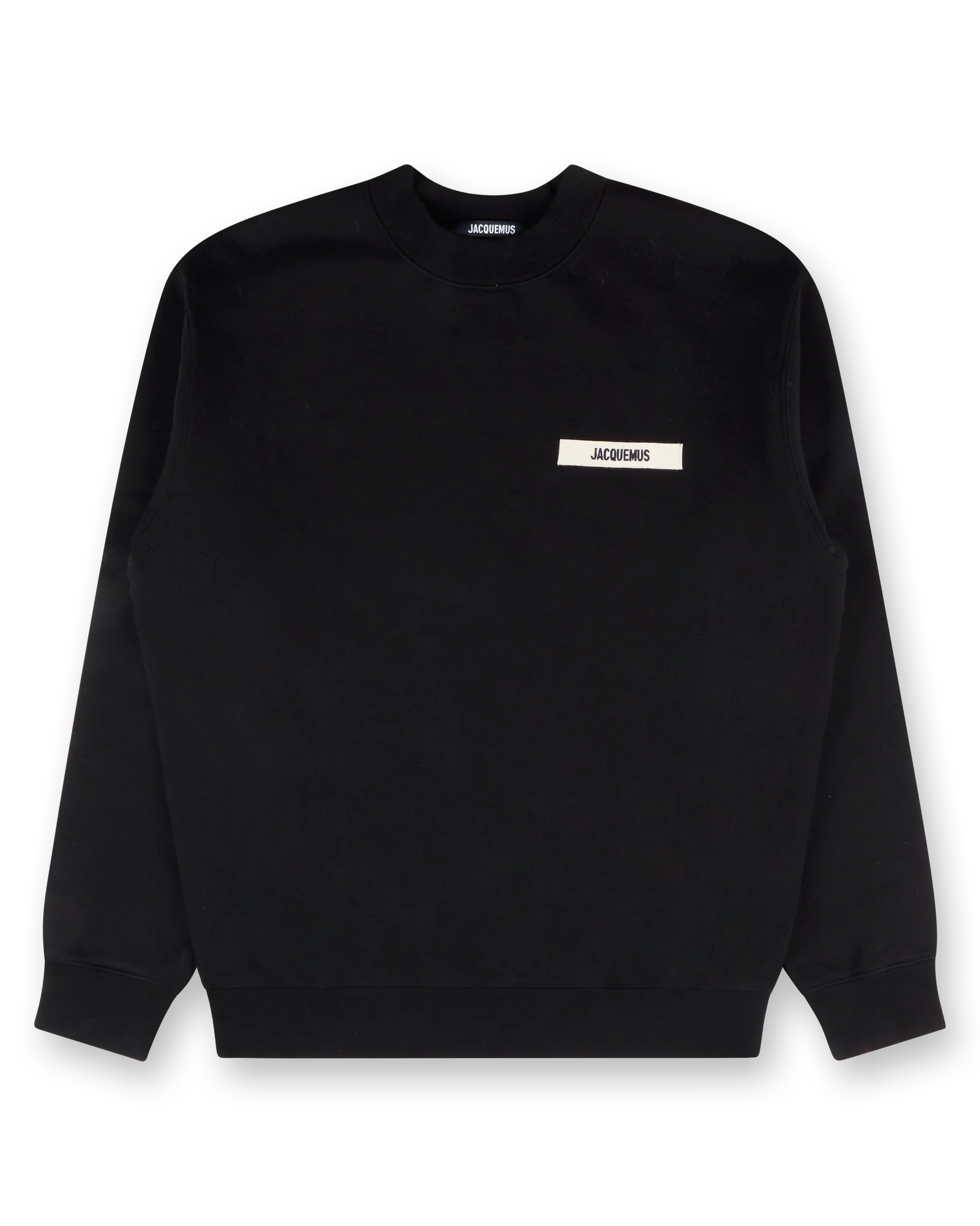 Black sweatshirt with a small white logo on a white background