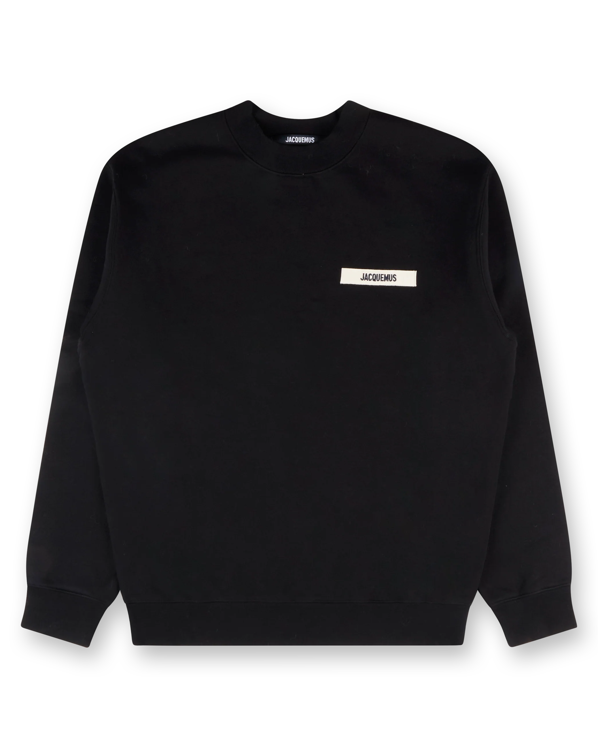 Black sweatshirt with a small white logo on a white background