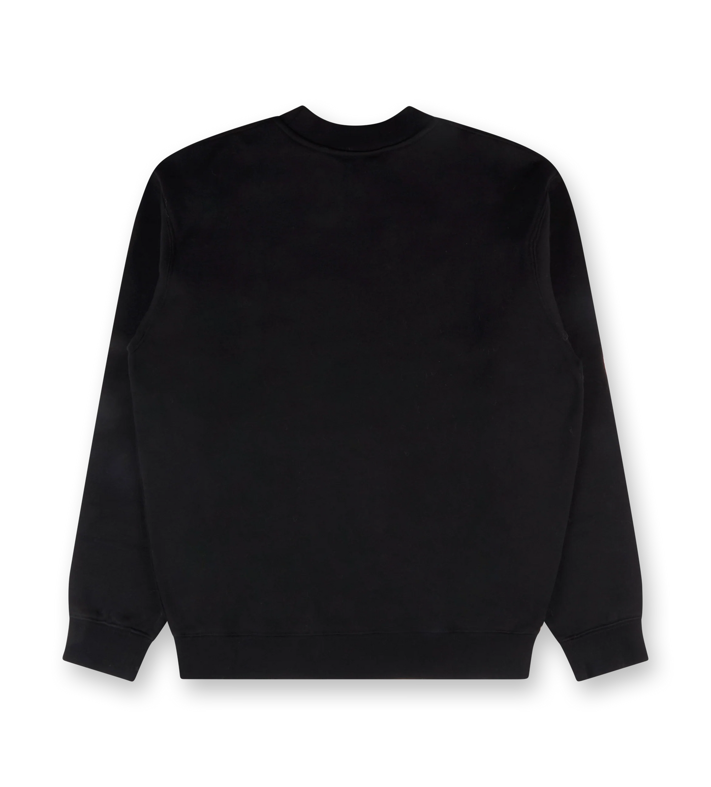 Black sweatshirt with a small white logo on a white background