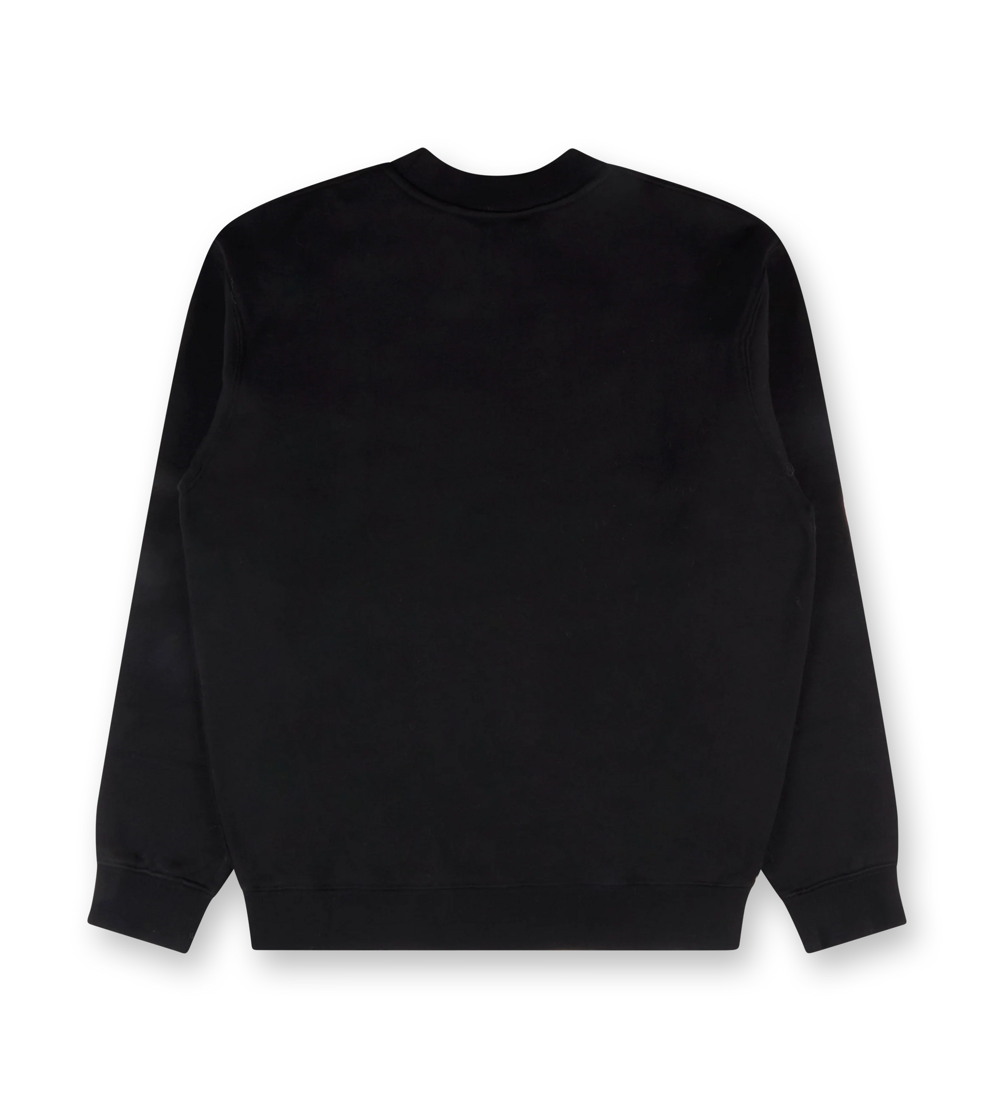 Black sweatshirt with a small white logo on a white background