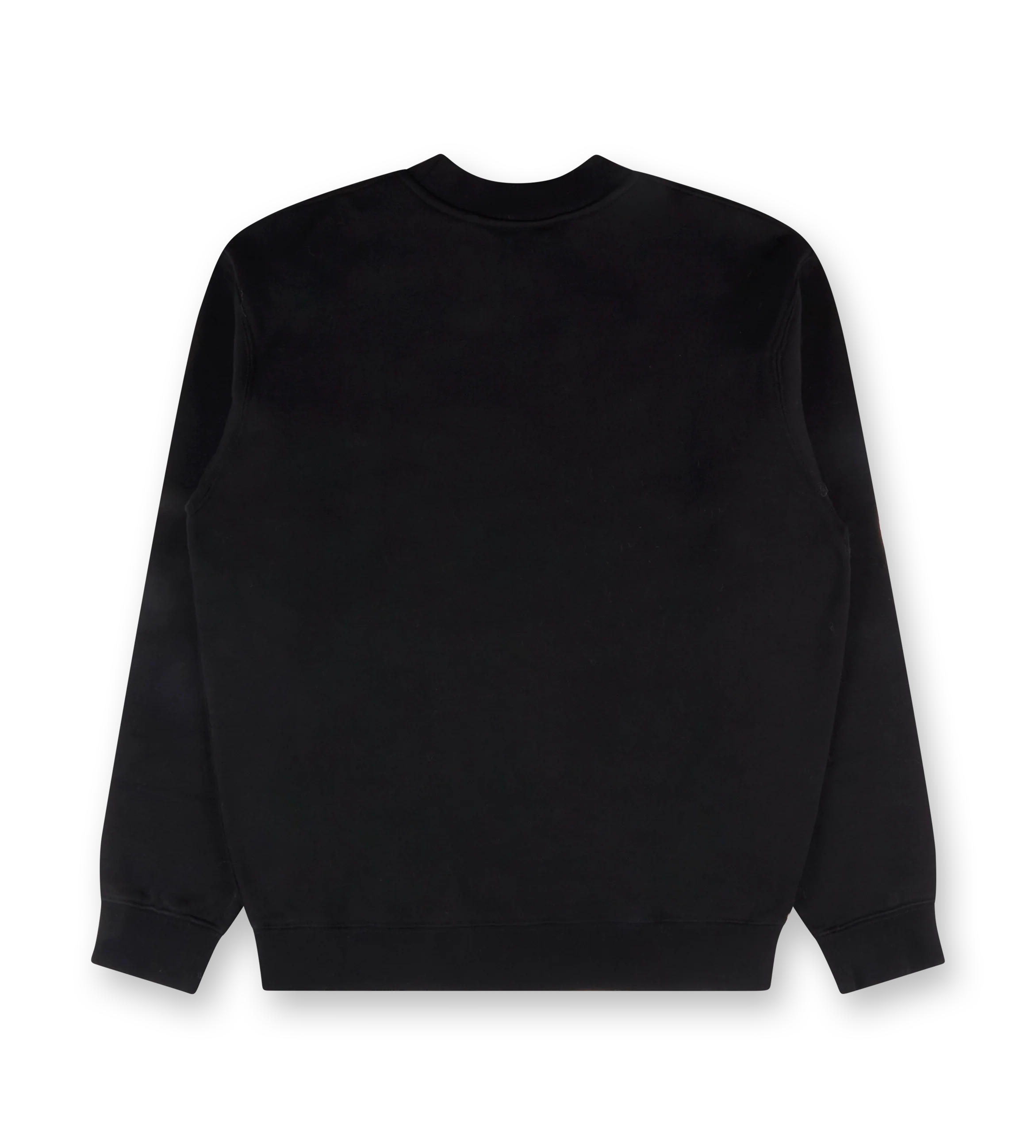 Black sweatshirt with a small white logo on a white background