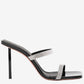 Black high-heeled sandal with crystal straps on a white background