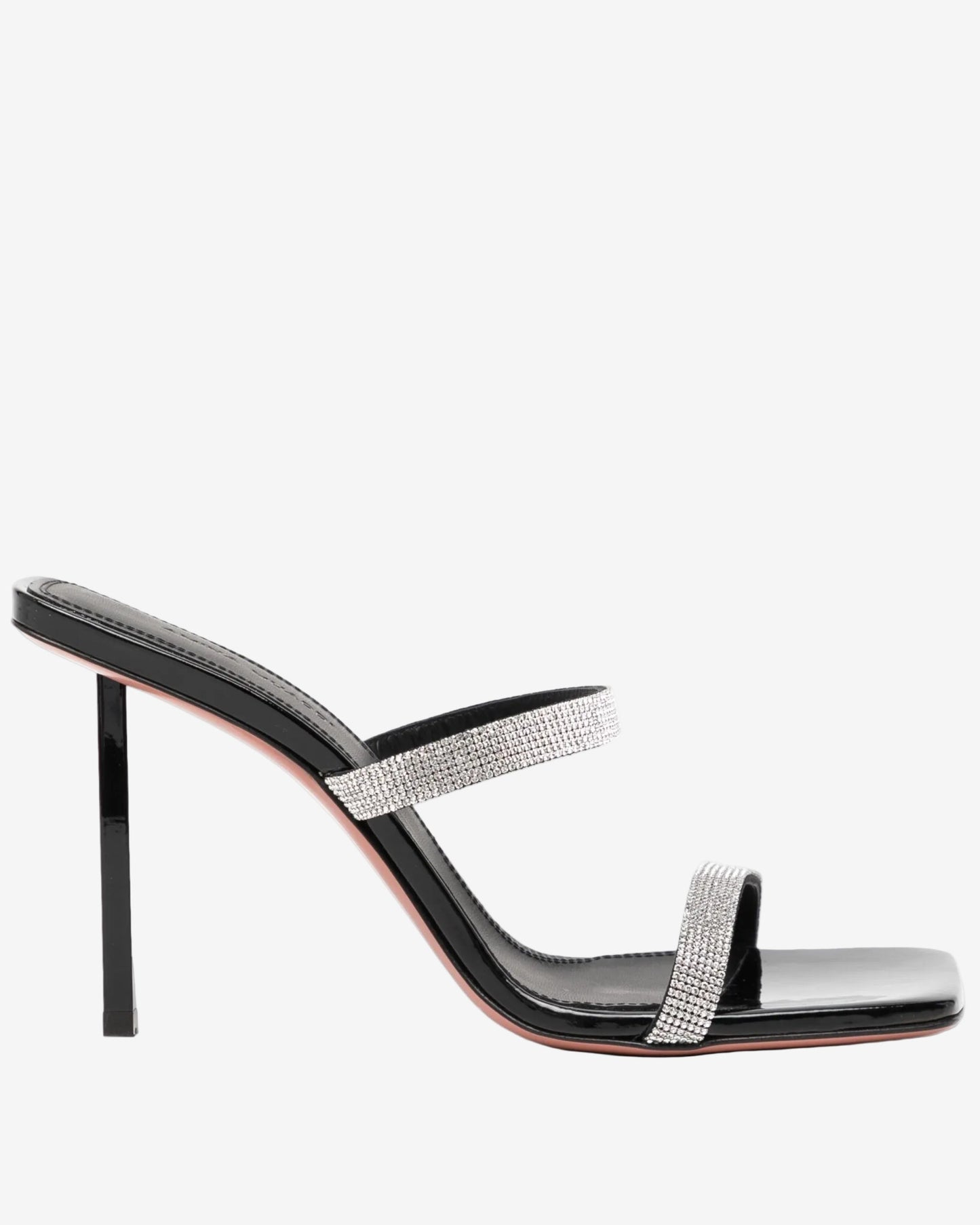 Black high-heeled sandal with crystal straps on a white background
