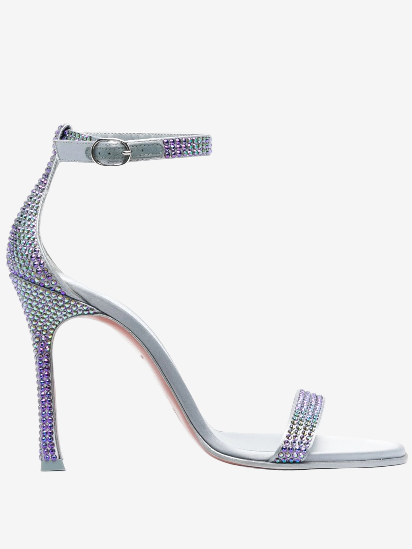 Silver high-heeled sandal with purple gemstones on a white background