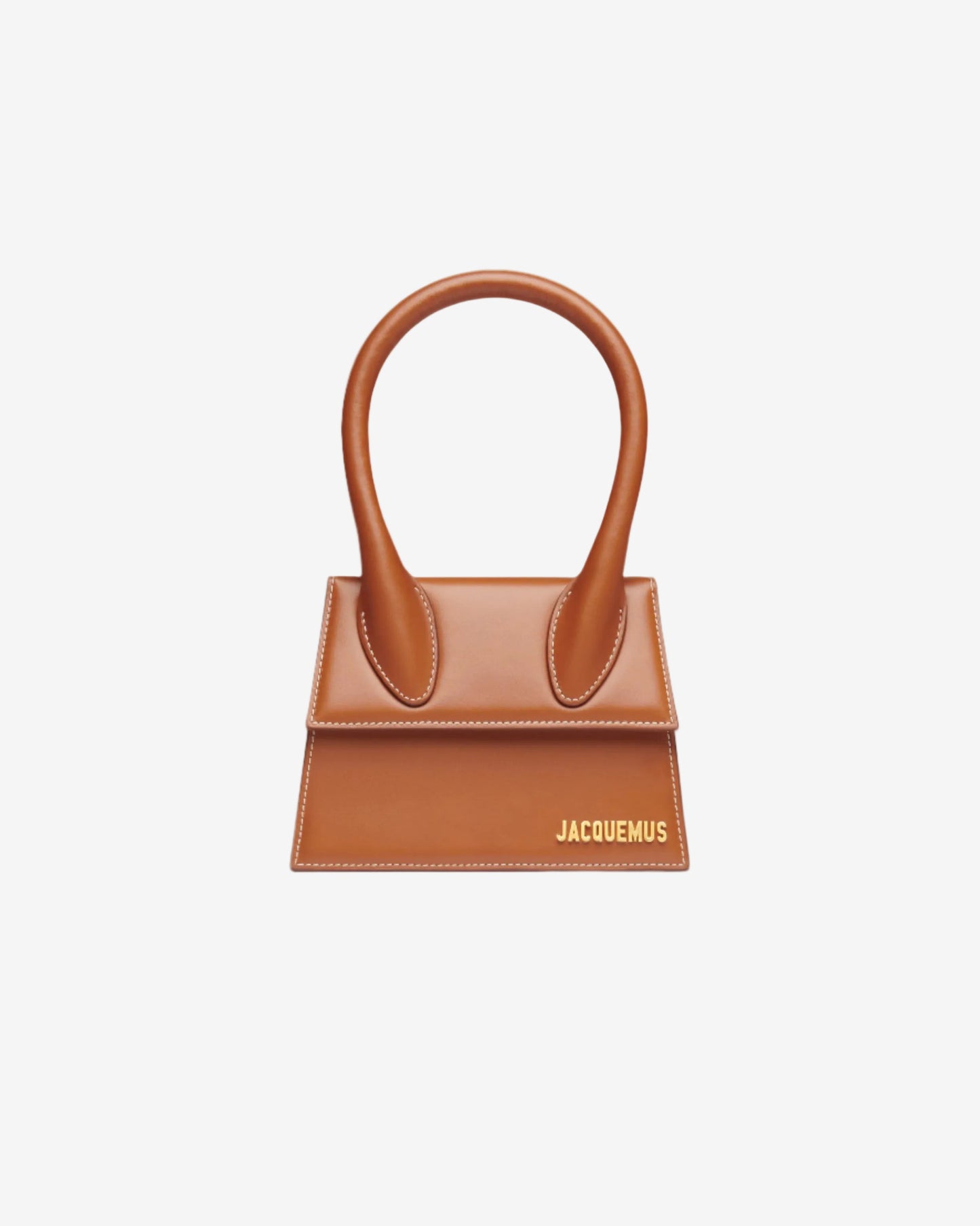 Brown handbag with 'Jacquemus' branding on a light gray background