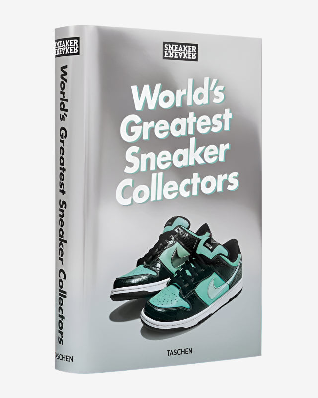 Book titled 'World's Greatest Sneaker Collectors' by Taucher on a teal and gray background