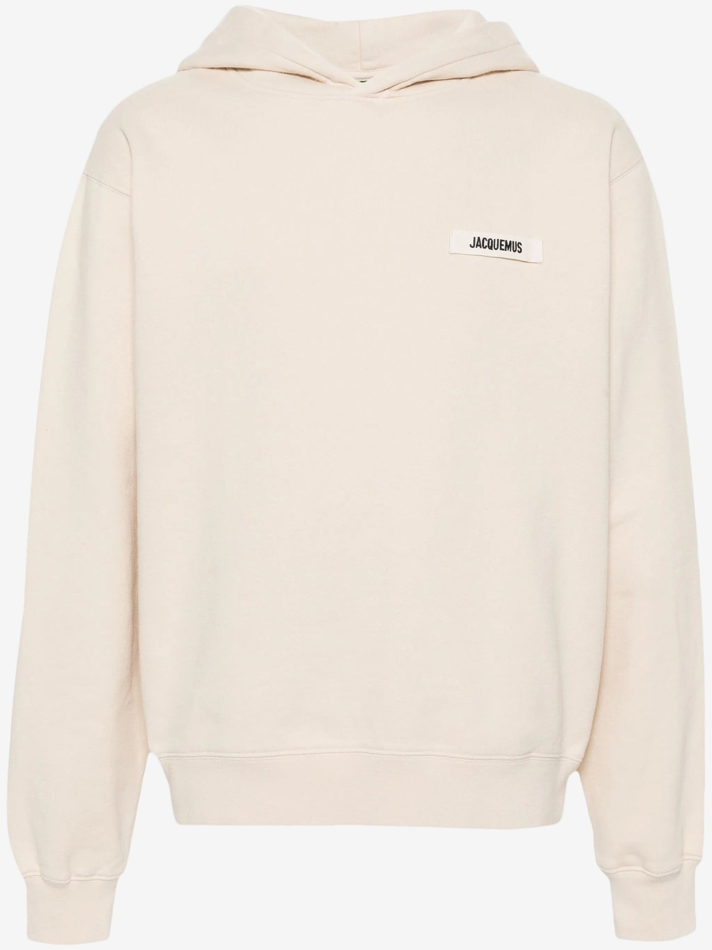Beige hoodie with a brand logo on a white background