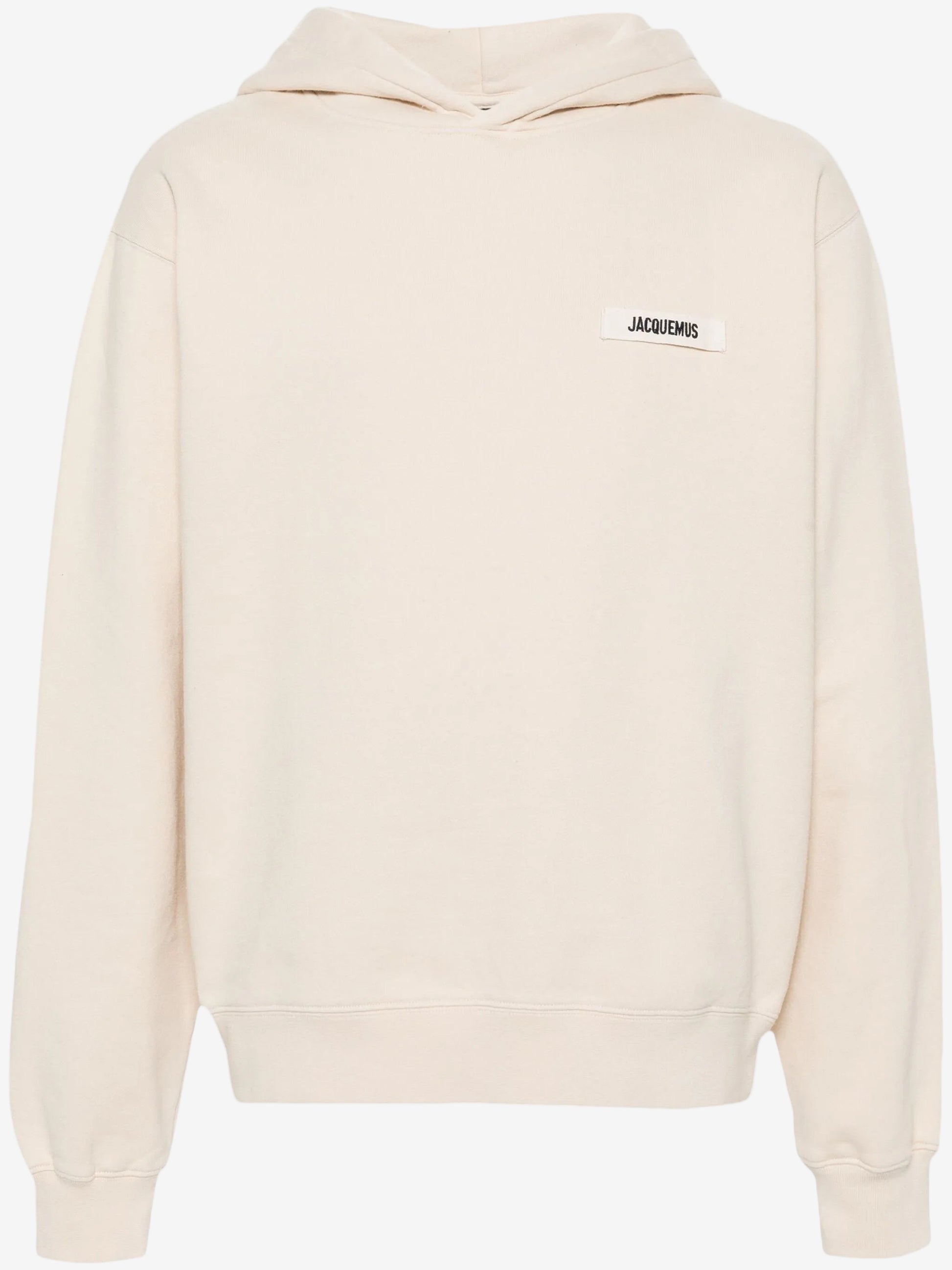Beige hoodie with a brand logo on a white background