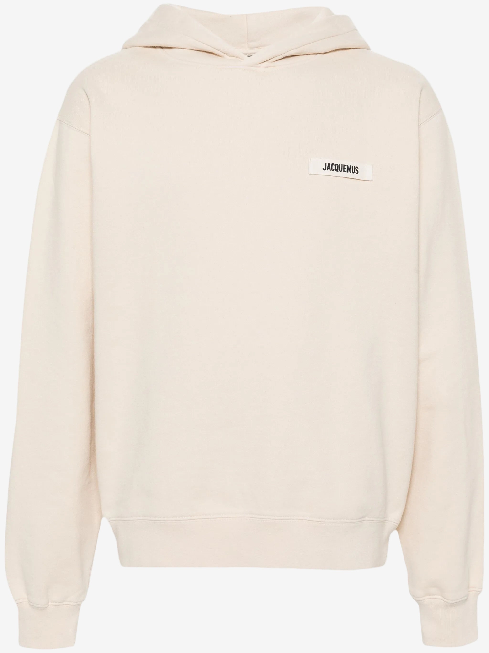 Beige hoodie with a brand logo on a white background