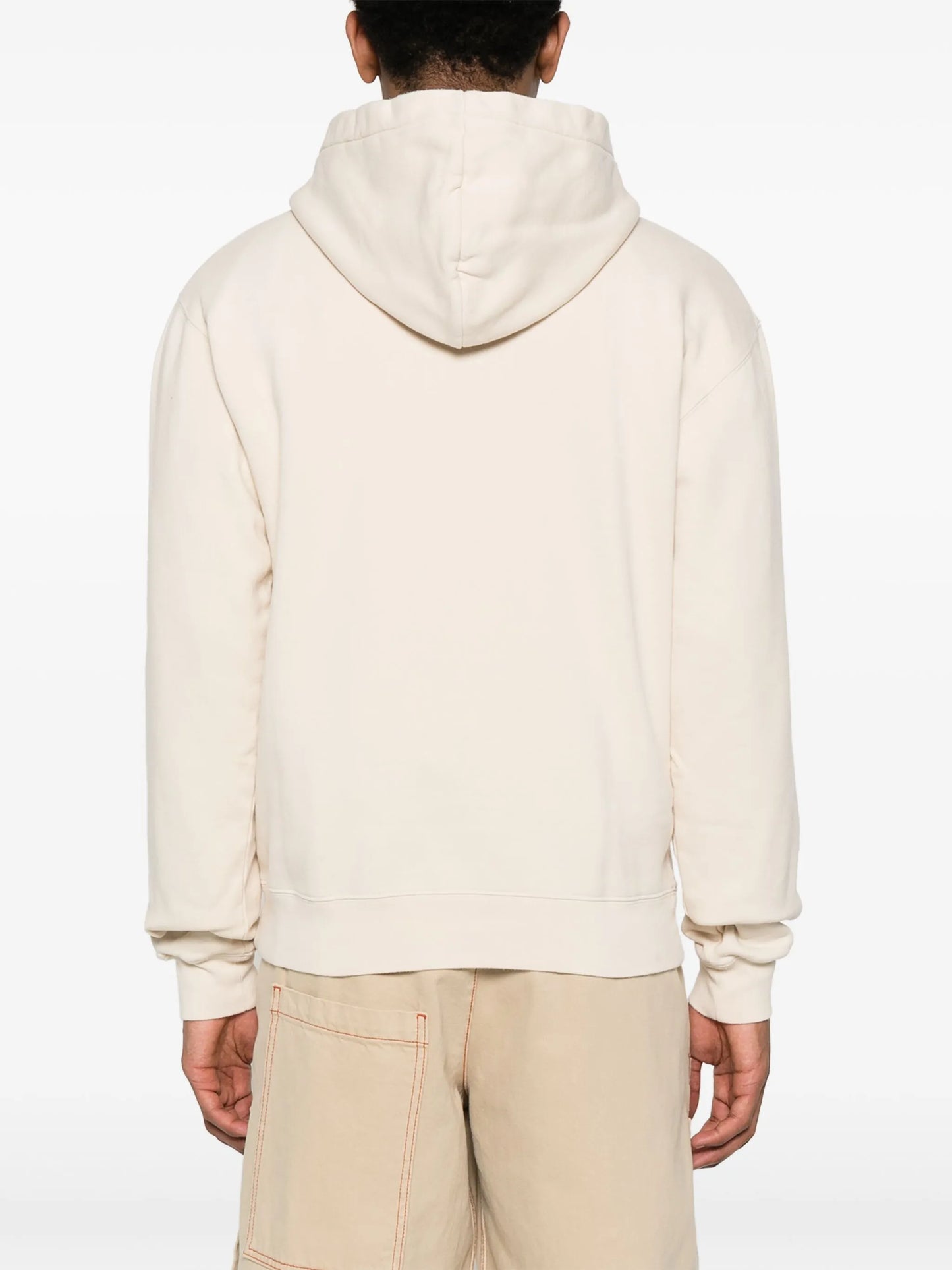Beige hoodie with a brand logo on a white background
