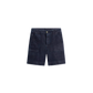 Dark blue denim shorts on a white background