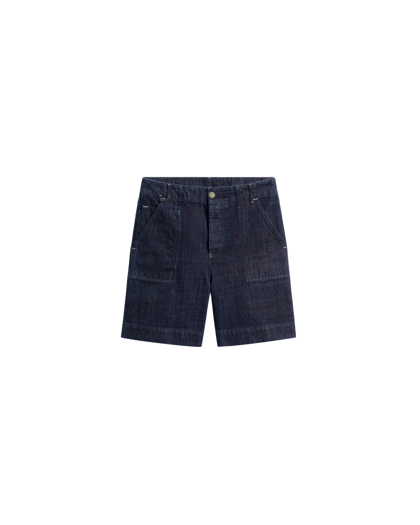 Dark blue denim shorts on a white background