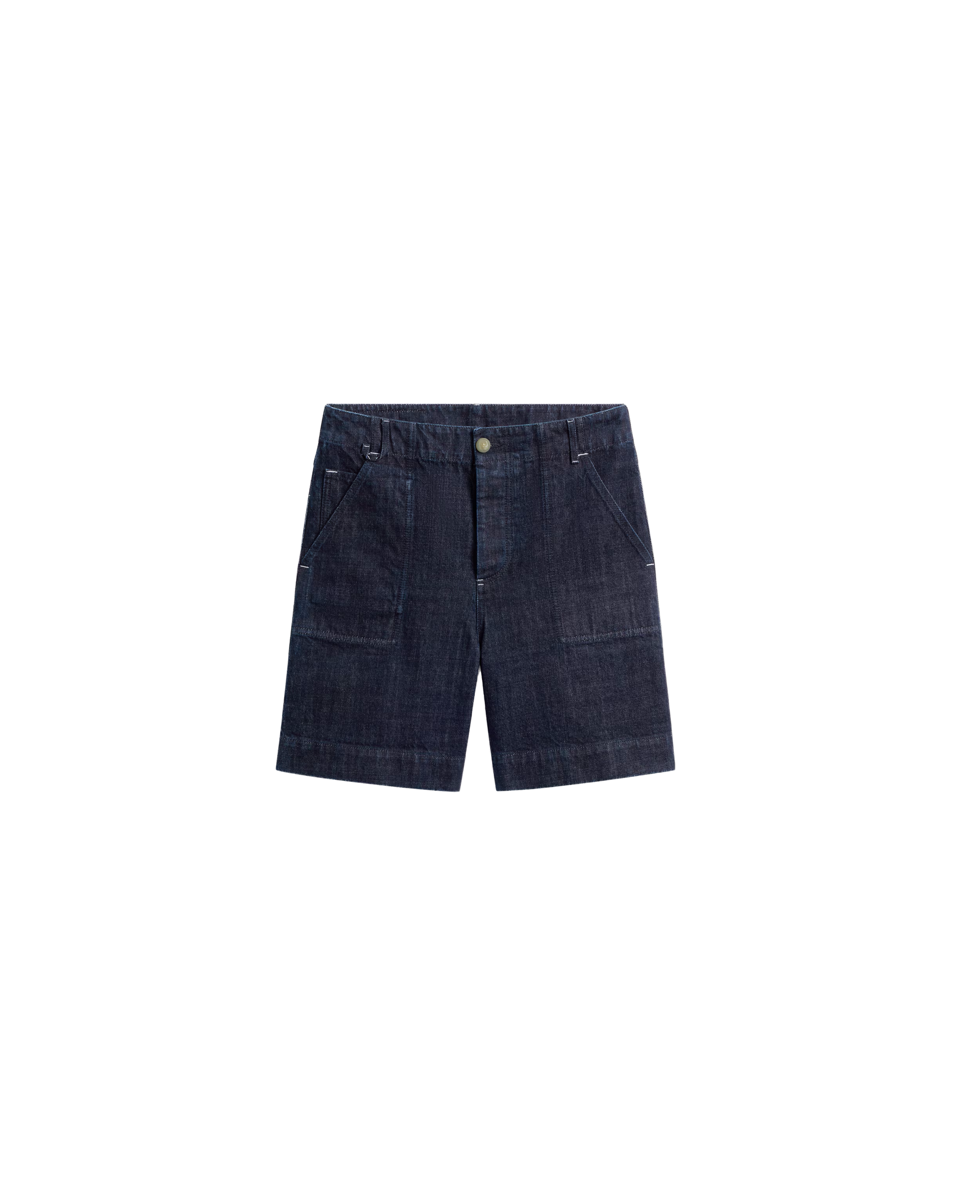 Dark blue denim shorts on a white background
