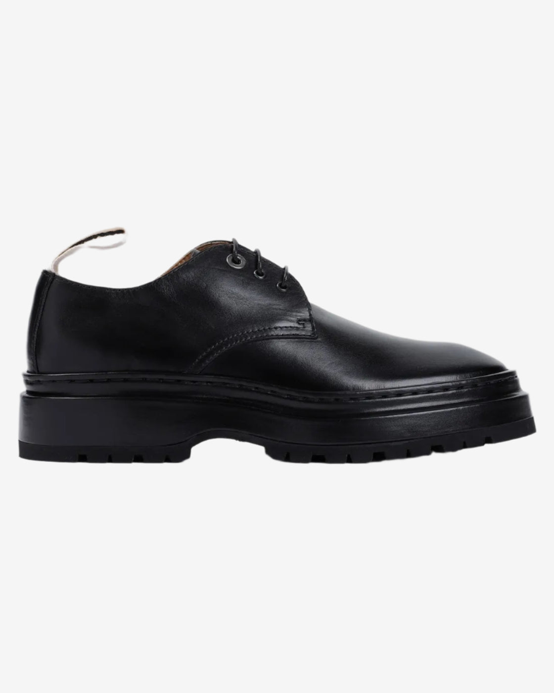 Black leather shoe on a light gray background