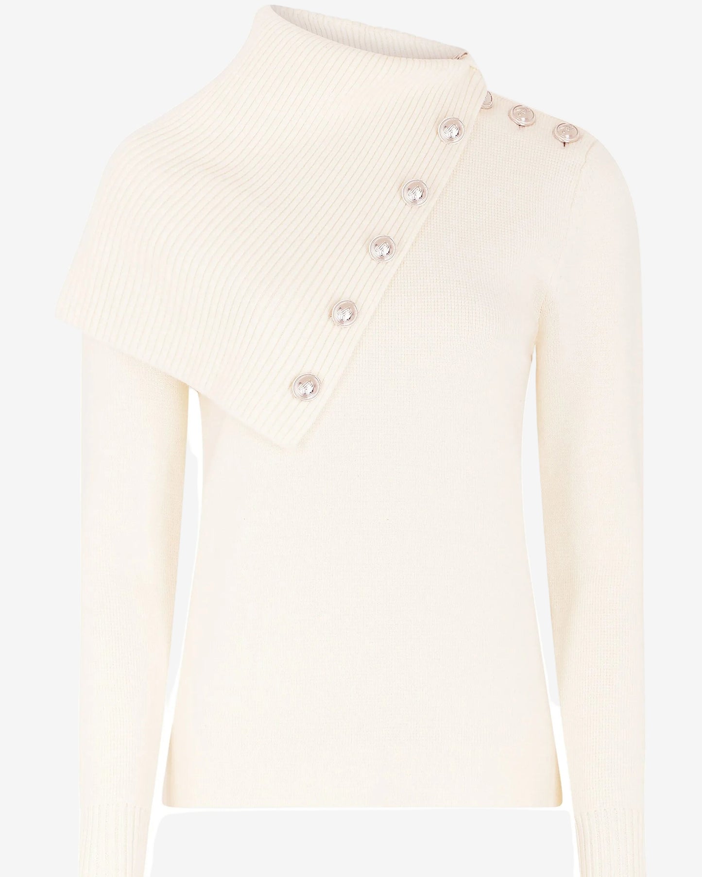 Cream-colored sweater with pearl buttons on a white background