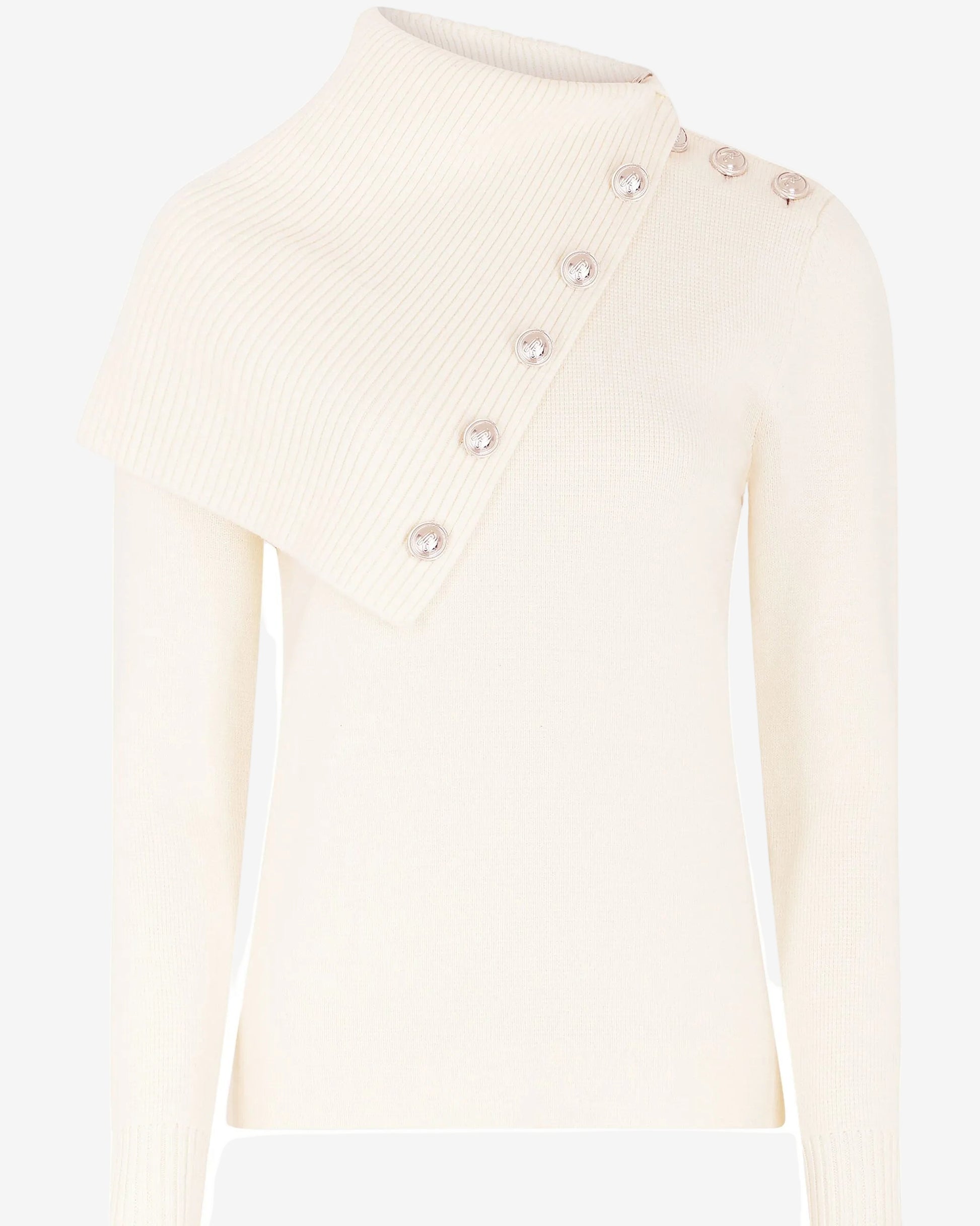 Cream-colored sweater with pearl buttons on a white background