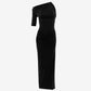 Black one-shoulder dress on a light gray background