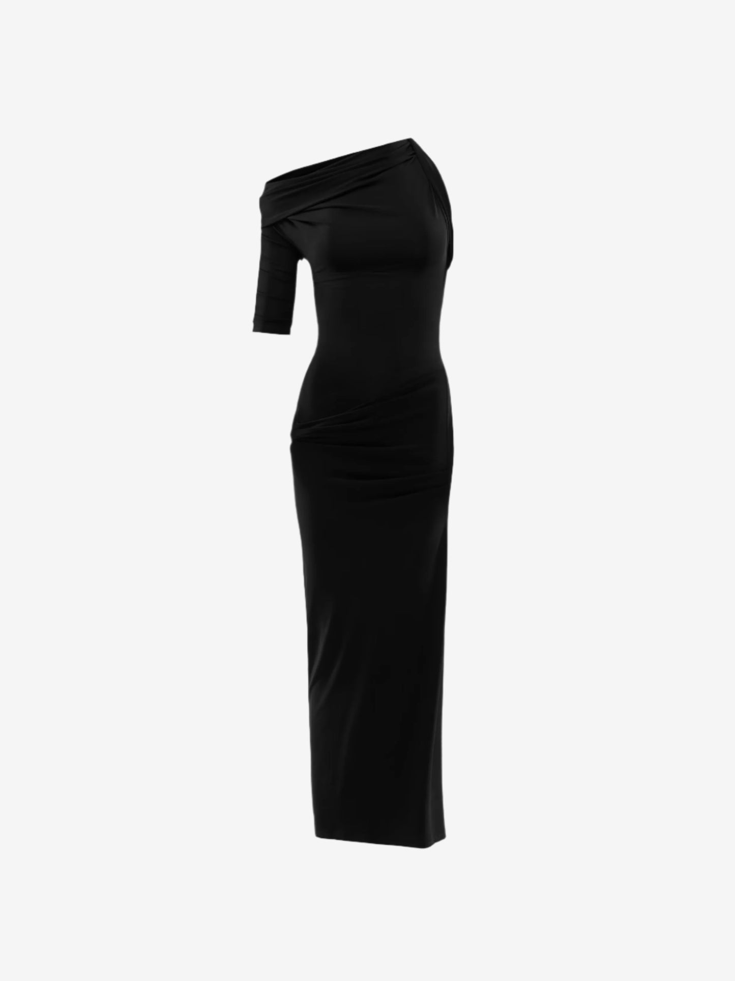 Black one-shoulder dress on a light gray background