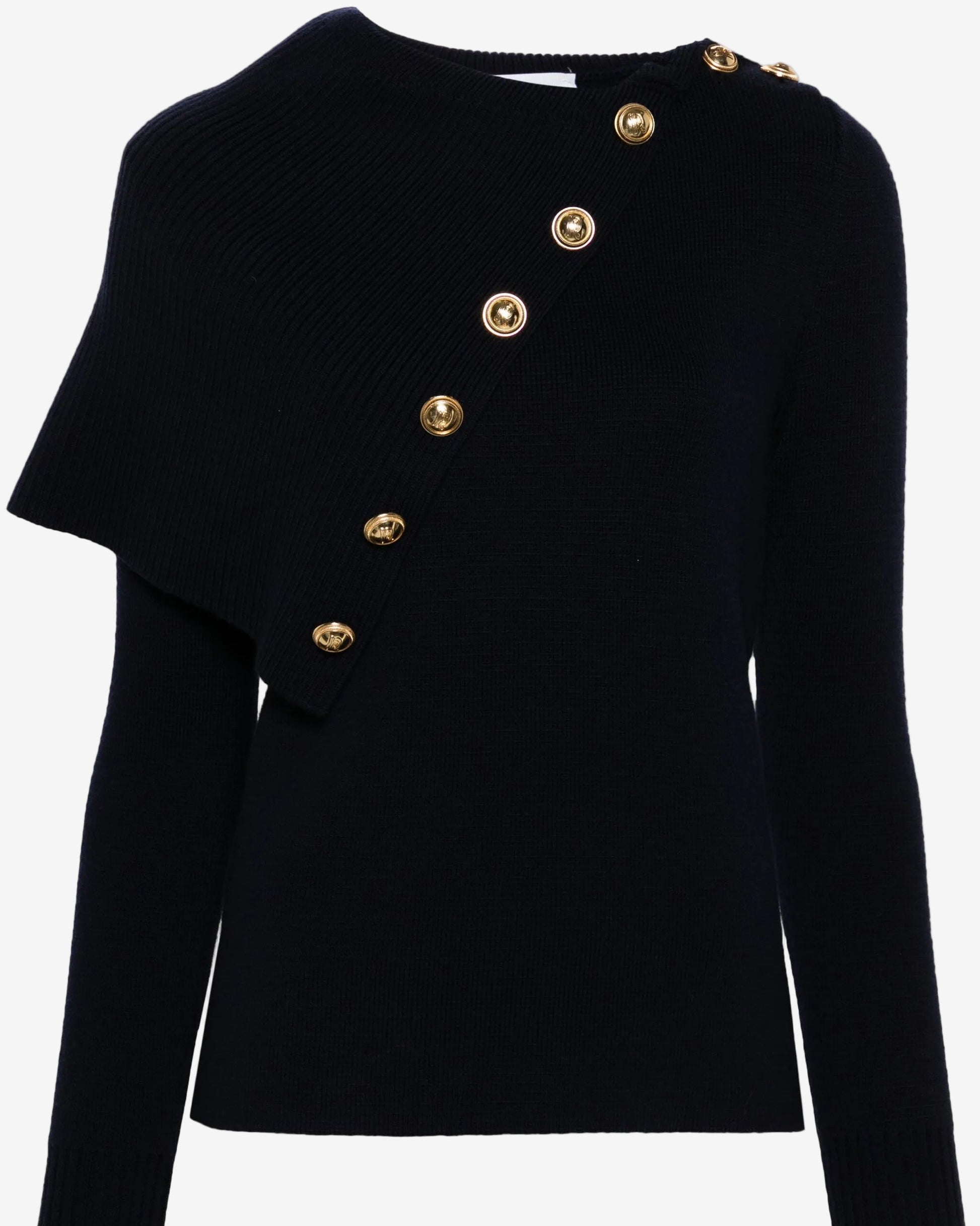 Black sweater with gold buttons on a white background