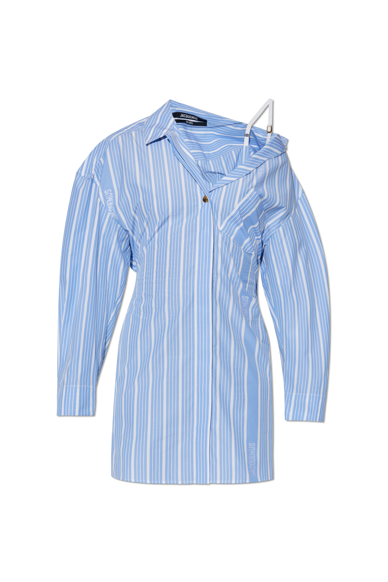 Blue and white striped shirt on a hanger against a white background
