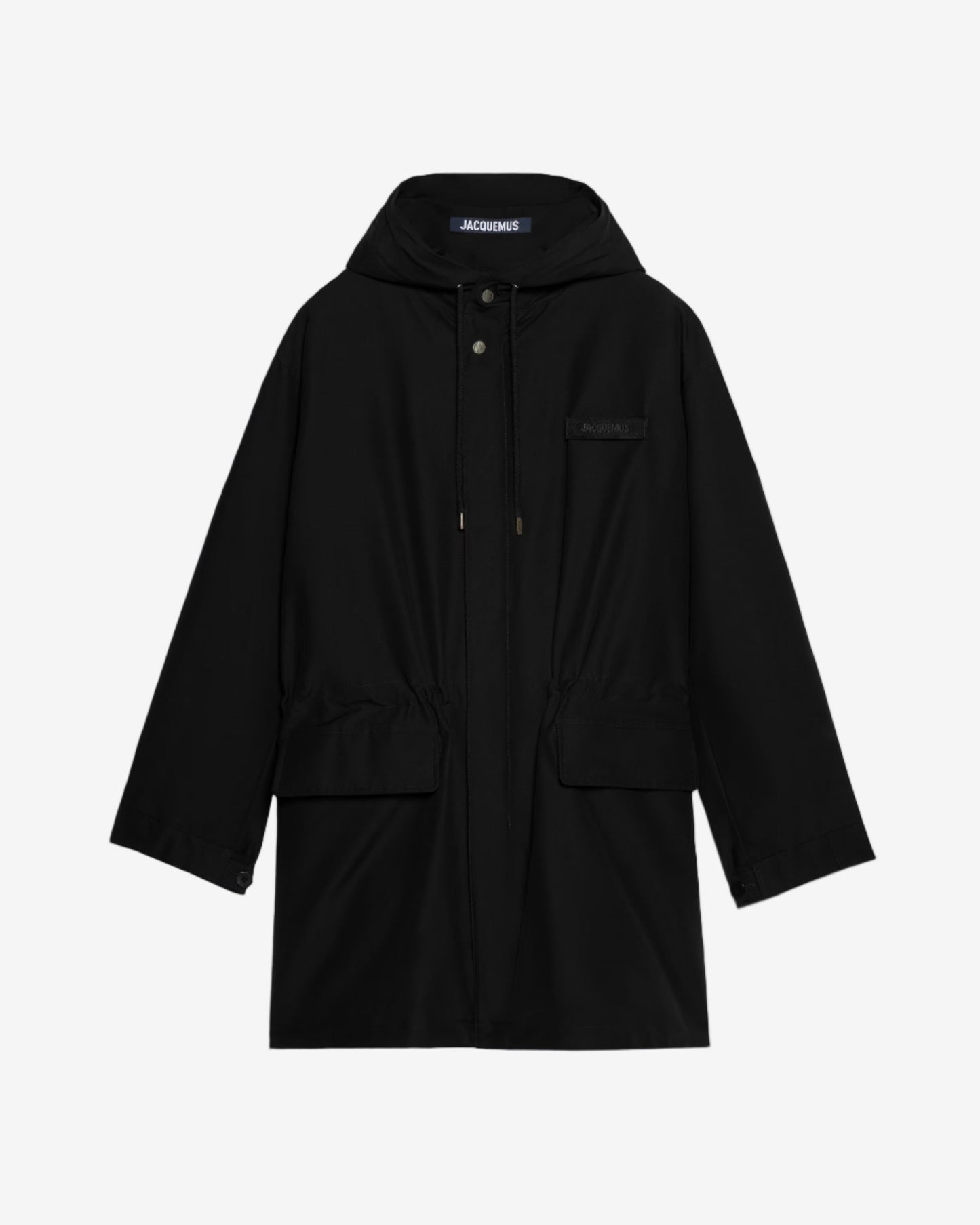 Black raincoat with a brand logo on a white background